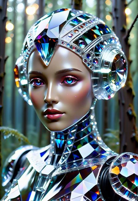 Ultrarealistic. (((cs-cr1stal-v2))). A gorgeous and beautiful female robot made of cs-cr1stal-v2 in a mystical forest.