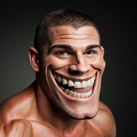 RAW photo , muscular guy, short hair, big muscle, upper body, three-quarter, toothy grin, <lora:tr0ll-000040:0.8>, 8k uhd, dslr, soft lighting, high quality, film grain, Fujifilm XT3, simple background