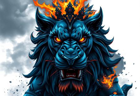 a close up of a fire lion on a Molten Destruction, few ultramarine highlights, portrait of a zentaur, venomfang, blue and black color scheme, trending on interfacelift, full view of face and body, extremely detailed brush, prince crown of black gears, fire lion, quick assembly, white solid bacgkround, median photoshop filter cutout vector behance, hd by artgerm, jesper ejsing, by rhads, makoto shinkai and lois van baarle, ilya kuvshinov, rossdraws, illustration, art by ilya kuvshinov and gustav klimt,hd,hq