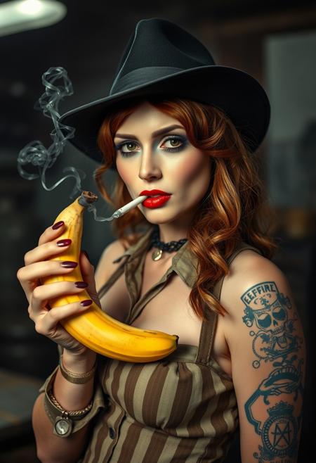 A transexual prostitute wearing a IT terror costume, borsalino hat, great depression vibes, holding a banana, smoking a cigarette, country factory italian background, looking at viewer, masterpiece, 4k, highly detailed, best quality,