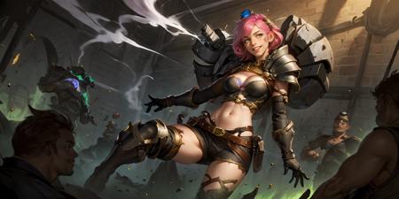 HEZI,LOL,\\\(lol style\\\),game cg,vi \(league of legends\),pink hair,weapon,1girl,breasts,gauntlets,solo focus,gun,short hair,cleavage,armor,goggles,multiple boys,scar,tattoo,medium breasts,smile,smoke,belt,<lora:LOLç®å°ç¹æ²å¤«-ç¥å®(8bit)-000010:0.6>,