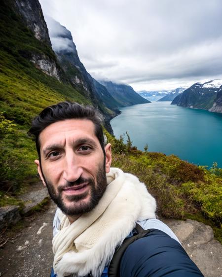 <lora:Fares_FaresSD15:0.8> breathtaking selfie (Fares Fares) on a cliff, Fjords in background, award winning, professional, studio light, natural lighting, 4k uhd, dslr, soft lighting, high quality, Fujifilm XT3