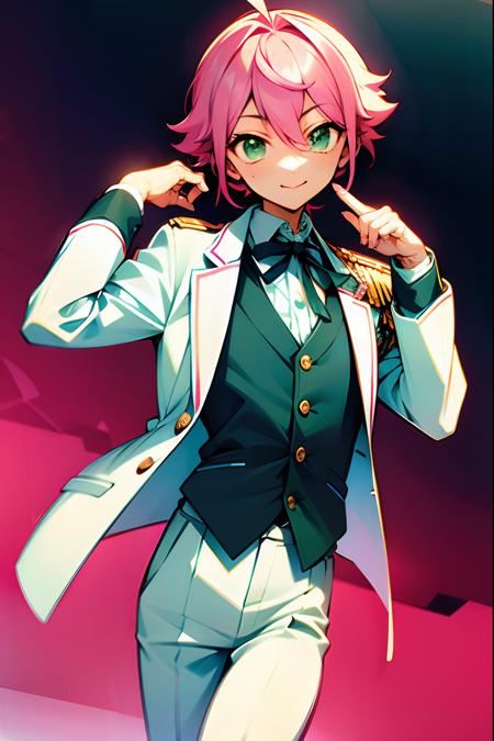 tori_himemiya, pink_hair, green_eyes, 1boy, long_sleeves, pants, white jacket, formal, ribbon, epaulettes, standing, dark blue vest, suit, ribbon on neck, shirt, simple_background, buttons, idol outfit, white pants, smile. on stage, idol