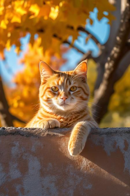 orange tabby cat,looking at camera,resting on yellow wall,autumn,blurred red leaves background,warm colors,golden hour lighting,outdoor setting,calm expression,animal close-up,peaceful,nature,vibrant colors,clear focus on cat,shallow depth of field,bokeh effect,