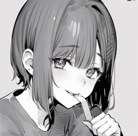 1girl, solo, spot color, finger to mouth, open mouth, blue eyes, greyscale, looking at viewer, portrait, grey background, sleeves past wrists, smile, simple background, parted lips, bangs, hand up, short hair, medium hair <lora:Nailbit:1>