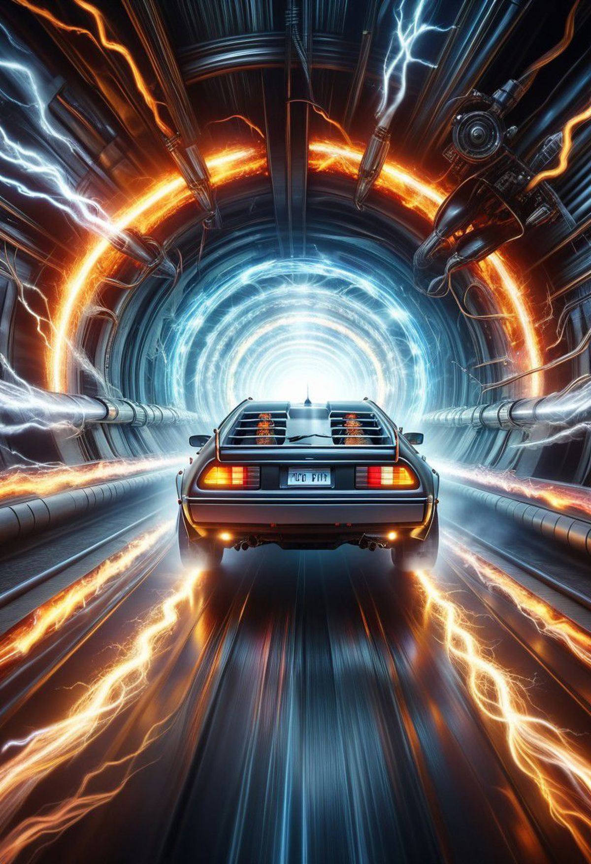 A car racing through a tunnel with blue lights.