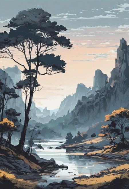 epic landscape, animation style, vectoring, high detailed, ink painting, melancholy colour palette, muted pale light faded colors, a complex composition,