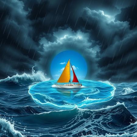 imagine the most unchained cyclone storm at sea, heavy rain, high winds, black stormy clouds and dark broken sea waters with scary waves and splashes. In the middle of all this chaos, a circular patch of beautiful calm water with a fancy colorful small sail boat under a circle of blue sky, as if the boat was protected by a loving god, enveloping the little boat with a protective force field and warm sunny light.