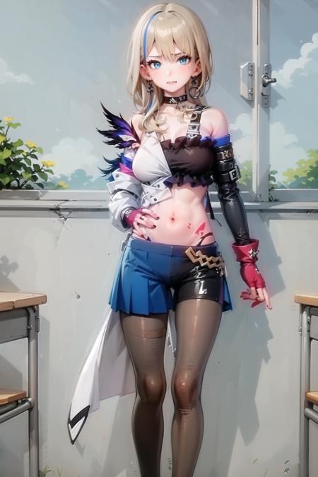 masterpiece, best quality, ultra-detailed, illustration, 1girl, serval landau, long hair, blonde hair, blue hair, multicolored hair, streaked hair, blue eyes, two-tone dress, detached sleeves, uneven gloves, stomach tattoo, black choker, hoop earrings, feathers, shorts under skirt, pantyhose, sigh, standing, upper body, classroom <lora:brj-serval-v2:1>