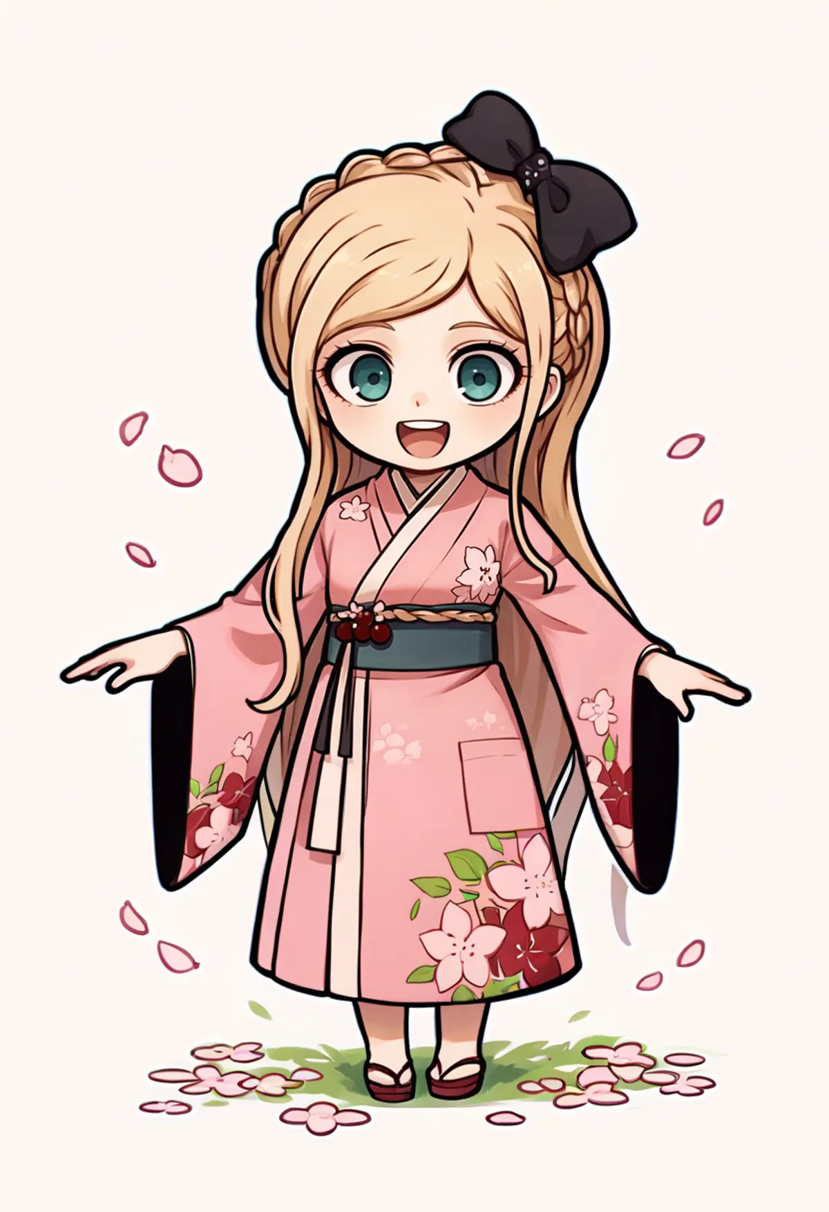 A young woman dressed in a pink kimono adorned with floral patterns standing amidst falling petals. She has long, blonde hair tied with a black bow and wide, expressive blue eyes. The kimono is detailed with a black obi and. 
