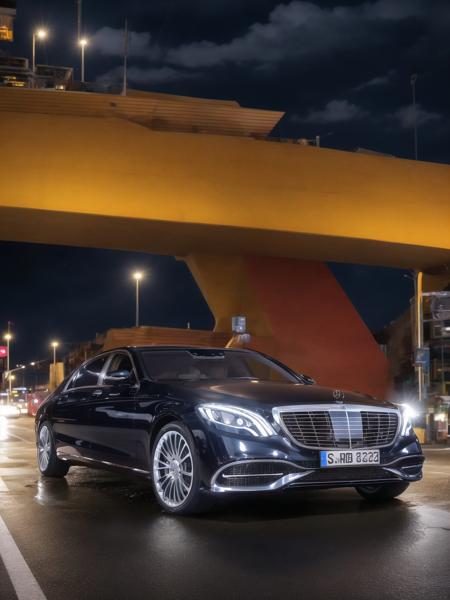 mastrepice, best quality, mercedes s-class, x222, 1car, black car, night, road background, rainy,  official art,extremely detailed CG unity 8k wallpaper, high detail, Sharp focus, (photorealism), realistic, best quality, 8k, award winning, dramatic lighting, epic, cinematic, masterpiece   <lora:MERCEDESMAYBACHSClassX222:0.7>