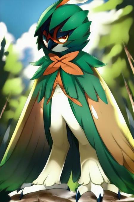 ((masterpiece,best quality)),best res,,good anatomy,cute,smiling,very detailed,4k,happy,happy,looking at viewer,,standing,,<lora:decidueye:0.8>,decidueye,,beak,