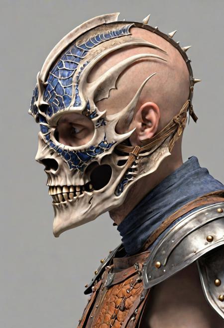 hyper-realistic, male, breastplate frontal front view, HDR, detailed, knight style, close-up male breastplate armor made of blue-silk dragon skeleton chest, inticate detailes, simple gray background