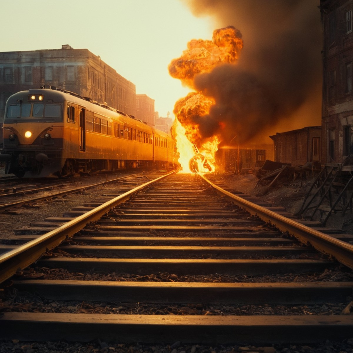 cinematic film still of  <lora:Warm Lighting Style:1>
warm light,a train is on railroad and a train is on fire,warm lighti...