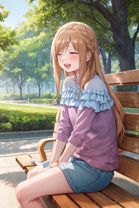 masterpiece, best quality, kinoshitaakane, 1girl, blue shirt, pink dress, female college student, happy, open mouth, upper teeth, bare legs, sitting on bench, from side,