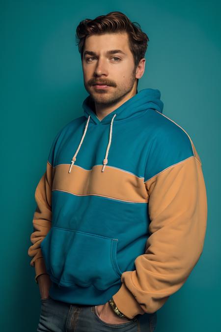 MikeWozniak, stubble, 80's heartthrob, (1man), muscular, hunky male, (wearing a Retro-style sweatshirt), handsome, professional lighting, artistic shot, blue background <lora:MikeWozniakLora:1>