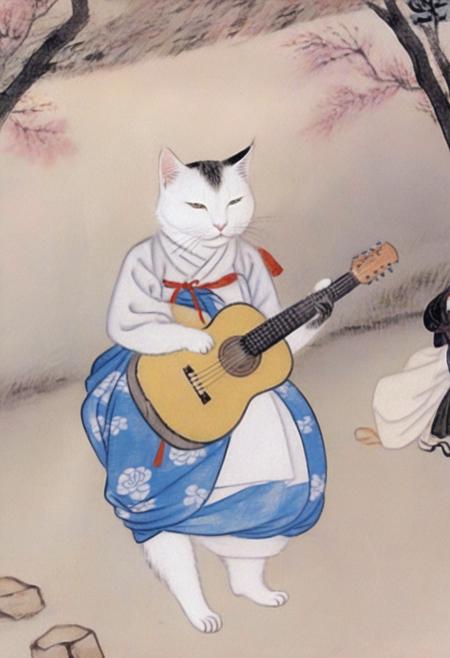 best quality, shinyunbok painting, a cat wearing dress and playing guitar at the park <lora:shinyunbok_lora_sdxl_beta:1>