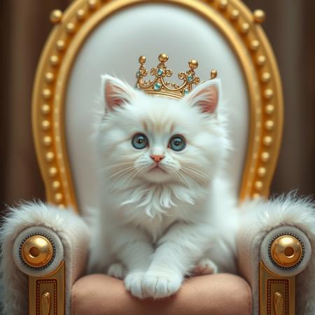 A kitten, 
  white, fluffy, kawaii,
  sitting on a throne, wearing a crown
