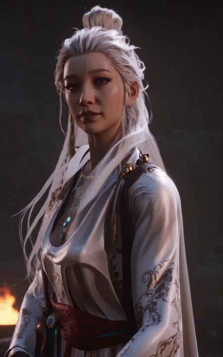 score_9, score_8_up, score_7_up, 8k, best quality, masterpiece, (ultra-detailed), solo, looking at viewer, 
<lora:heishenhua-pony-Tanger-000010:0.8>, tieshan,1girl,white dress,white hair,long hair,loose hair , jewelry, necklace, , by heishenhua, game cg,