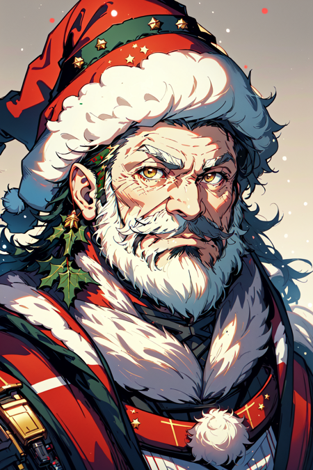 AiOverlordSanta, solo, looking at viewer, 1boy, hat, upper body, white hair, male focus, fur trim, facial hair, portrait, christmas, red headwear, beard, santa hat, science fiction, mustache, cable, old, old man, christmas theme, <lora:DuskAiOverlord:0.8>