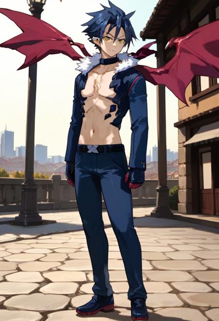 Killia dark blue hair golden eyes black eye marks under eyes pointed ears long sleeve blue jacket, white puffed collar, neck choker, red-pink accents, blue and red-pink wings, black gloves, red-pink claws, dark marks on chest and upper abdomen, belt, dark blue pants, dark blue shoes