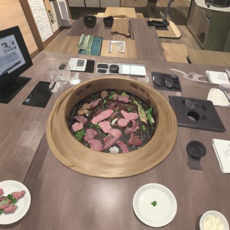 masterpiece, best quality, ultra-detailed, illustration,
smokeless_roaster, grill, japan, tongs, scenery,  indoors, plate, window, food, sink, table, stove, wooden floor, chair, door, shelf, box, basket, cabinet, monitor, yakiniku, realistic, 
 <lora:smokelessroaster_V21:1>