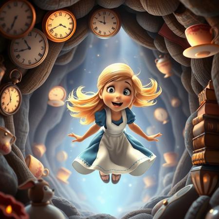Pixar-style animated scene of a curious blonde girl in a blue dress with white apron falling down a glowing rabbit hole surrounded by floating clocks, teacups, books, and sparkles. Her hair and skirt flow upward, her face amazed and excited. Warm magical lighting, cinematic 3D look