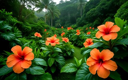 panorama,Lush tropical foliage in the Seychelles National Botanical Gardens at dawn, with dew-kissed leaves glistening in soft morning light. Colorful hibiscus flowers bloom vibrantly amidst verdant greenery, creating a serene and inviting atmosphere in a tranquil setting,, sweeping landscapes, unique perspectives, epic scale, revealing hidden beauty, showcasing vastness, immersive experience, precise compositions, expert piloting, dynamic angles, cinematic storytelling, showcasing natural wonders, aerial exploration