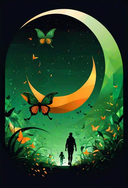 Silhouette vector art, (Noir art style:1.3), Dramatic composition, Vibrant green and orange color theme, (Sweeping light in the shape of a flower:1.2), Butterflies in flight, (Majestic crescent moon:1.2), Kids running in the distance, (Geometric shapes:1.2), Atmospheric depth, Intricate details.