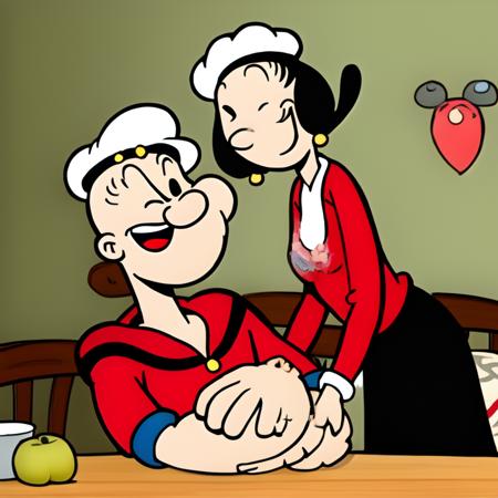 <lora:popeye:0.7> a popeye man, and a olive girl, in the house