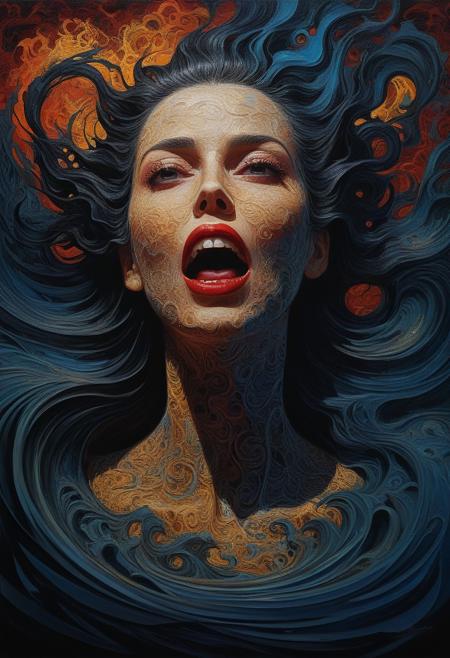 Beautiful evocative post-impressionist oil painting of a evil woman with a tainted soul draining nightmares, with Escher geometry dark vibrant colors and heavy and light brush strokes to dramatic effect oil painting by James Gurney abstract vector fractal, wave function, Zentangle, 3d shading, abstract vector fractal, wave function, Zentangle, 3d shading Charles M. Schulz, comic book art, perfect, smooth, horror Wes Craven