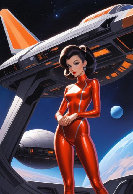 in the style of Syd Mead, retro science fiction pinup girl, wearing a colorful metallic skin tight short mini dress, elaborate hair style, evocative makeup, eye shadow, false eyelashes, red lipstick, long legged, narrow waist, slim body, narrow hips, surreal perspective, unusual architecture, sci-fi spaceship breathtaking space background, bright, retro-futuristic, 8K resolution, highly detailed, fine lines, intricate textures, luminous skin tones, subtle brushstrokes.
