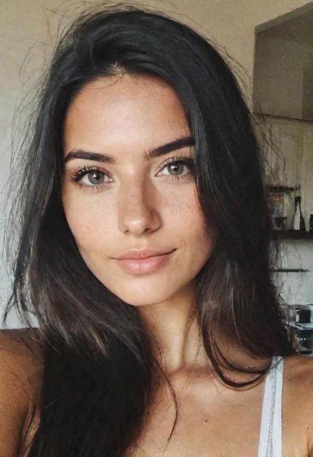 instagram selfie , a 23 year old gorgeous woman , slight smile , detailed skin face and eyes , natural lighting , at home , long hair, topless , film grain, low contrast, natural face , freckles , black hair , blue eyes, dark circles under eyes