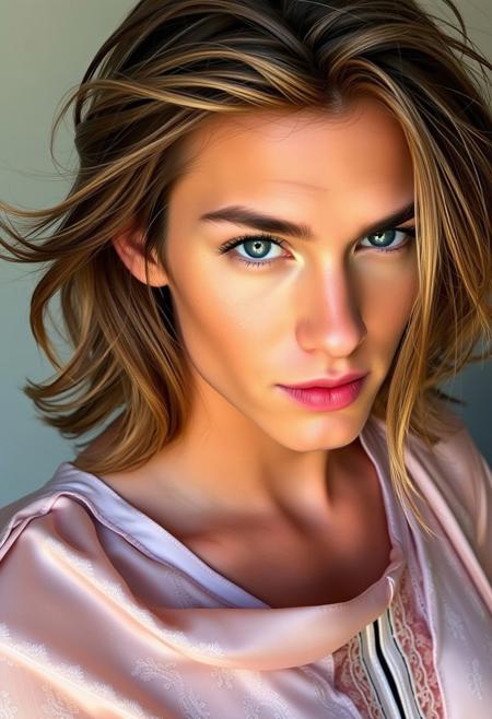 A strikingly beautiful 25-year-old man with androgynous features, smooth, flawless skin, and long flowing hair styled in loose, playful waves framing his face. His eyes, lined with a subtle winged eyeliner and a touch of shimmering gold shadow, sparkle with mischief and a hint of playful seduction. A swipe of shimmering pink lipstick adds a touch of playful defiance, a confident flourish in his embrace of his own unique beauty. He wears a flowing silk dress with delicate lace detailing, the fabric moving with a fluid grace as it drapes over his slender frame. His jawline is softly defined, his features delicate and feminine. He gazes directly at the viewer with a hint of a smirk, an air of confident sensuality radiating from him, a man who delights in the fluidity of his gender expression.