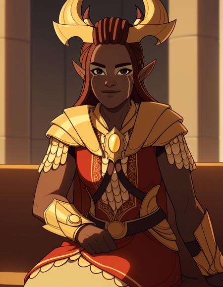 <lora:dragonprince-janai-ponyxl-lora-nochekaiser:1>, janai, long hair, brown hair, brown eyes, pointy ears, dark skin, dark-skinned female, facial mark, horns, dreadlocks, armor, golden armor, dress, red dress, belt, headgear,