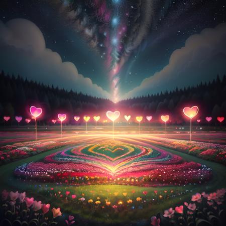 ValentineNatureStyle,flower,outdoors,sky,tree,no humans,night,grass,star (sky),nature,night sky,scenery,starry sky,field,colorful
,heart shaped flower,valentine,  <lora:ValentineNatureStyle:1>