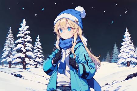 1girl,  <lora:ibu_chuan_V3:1.0>, winter landscape, beanie, black gloves, parka, blonde hair, long hair, scarf, (cowboy shot)