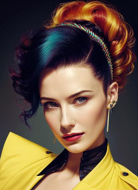 portrait of sks woman by Flora Borsi, style by Flora Borsi, bold, bright colours, rainbow Mohawk haircut, ((Flora Borsi)), <lora:locon_bridgetregan_v1_from_v1_64_32:1.25>