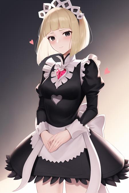 masterpiece, best quality, <lora:FEFatesMaid_v1:1>, fates maid, heart, maid, maid headdress, maid apron, enmaided, 
1girl, solo, standing, blonde hair, short hair, bob cut, hime cut, black eyes, red gem, shaded face, backlighting