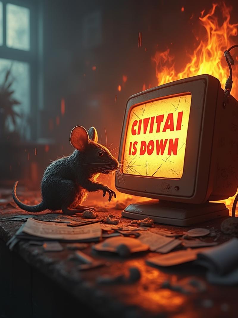 A tiny, terrified mouse cowers on a cluttered desk, surrounded by flames that engulf the computer, papers, and surrounding objects, the air thick with smoke and heat, the mouse's fur singed and its eyes wide with fear, the computer screen, miraculously still intact, displays the words 'Civitai is down' in bold, red letters, the interface cracked and distorted, the screen's glow flickering as the flames lick at its edges, intense, fiery lighting casting a hellish glow on the scene, rendered in a dramatic, apocalyptic style, capturing the chaos and destruction