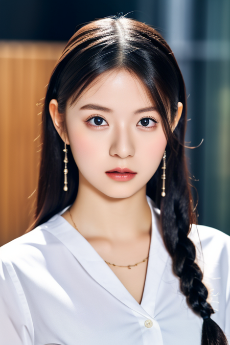 (masterpiece: 1.3), (8k, photorealistic, RAW photo, best quality: 1.4), (1girl), beautiful face, (realistic face), (black hair, medium hair: 1.3), Beautiful hairstyles, realistic eyes, dark eyes, beautiful and detailed eyes, (real skin), beautiful skin, attractive, ultra-high resolution, ultra-realistic, high-definition, golden ratio, high-quality background photos, braids,,1girl,1 office worker,medium hair, <lora:asuka:0.8> asuka