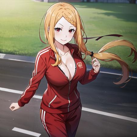 masterpiece,best quality,anime,(2d:1.2),
<lora:PriscilaNai:1>
1girl, solo, blonde hair, long hair,  cleavage, outdoors,smile, looking at viewer, huge breasts, braid,  standing, collarbone, red eyes, floating hair, track suit,