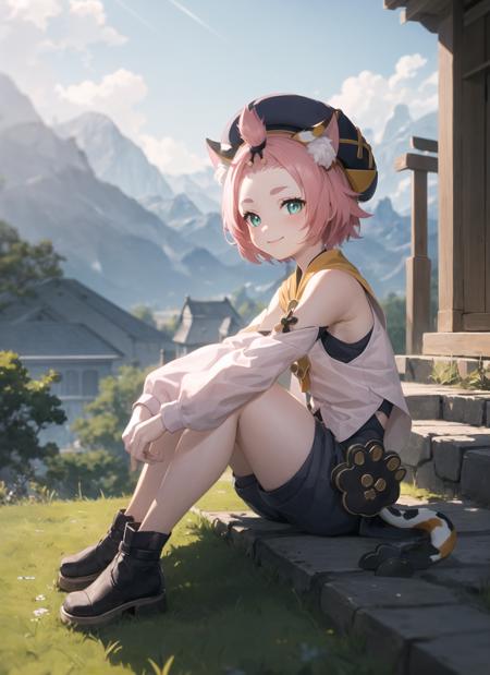 <lora:diona2-000010:1>, dionadef, full body, sitting, smile, blush, outdoors, day, simple background, blue sky, short hair, sky, temple, looking at viewer, sitting on stairs, mountain, moody lighting,