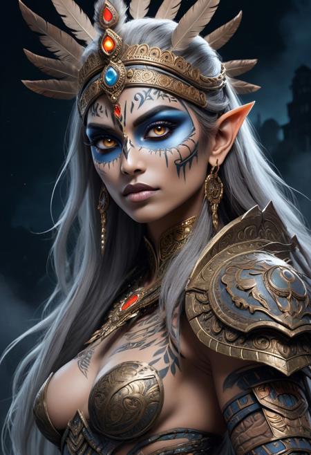 3D anime-style, Amazoness warrior with indian makeup, very tall and muscular, tribal tattoo, stunning beauty, high detail, dynamic composition, intricate textures, regal pose, dark surrounding, low light, nighttime setting, realistic shadows, ethereal, strong and graceful, wearing skeletal armor, city background, confident and majestic, ultra-quality, expressive eyes, detailed skeletal makeup, moonlight, thick fog, light particles shining from the moonlight