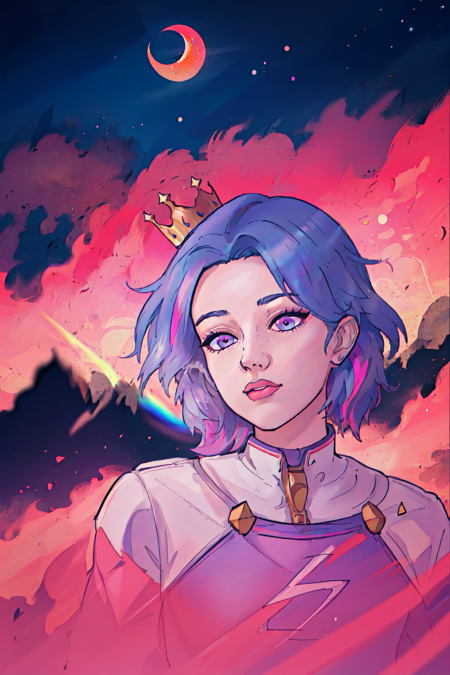 <lora:duskfallcrewsArtStyle_1:.7> (masterpiece, best illustration),1girl, extremely detail beauty, wild hair , (two tone hair), (rainbow hair), vaporwave, (pastel), synthwave, city punk, constellation, crescent_moon, crown, dust, embers, rim lighting, side lighting, (best anatomy),  (dynamic angle), upper body, pov