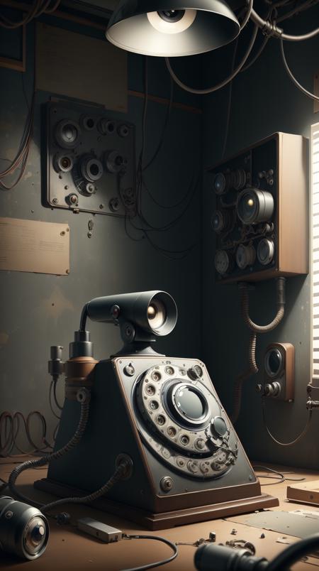 <lora:SpyWorld50s:1>SpyWorld50s, spy-theme, rotary phone, 50s style, secret tech, (Masterpiece:1.3) (best quality:1.2) (high quality:1.1)