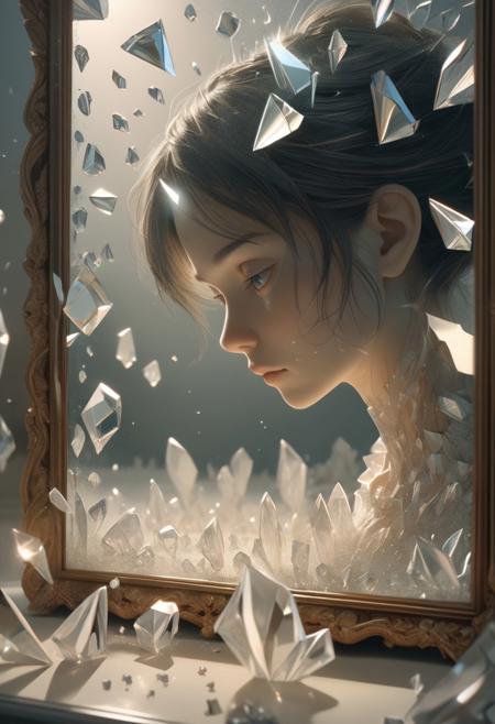 (in Otomo Katsuhiro style:1.2), masterpiece, high-quality, A woman gazing into a mirror that shatters into pieces, each fragment reflecting a different moment of her life, faint images emerge in each shard suspended in a timeless haze, Style is Surrealist realism with high-reflection detail, micro-moments in glass, soft fragmented lighting, introspective mood, (elaborate fine details:1.1), (hyperdetailed:1.1), (intricate details:1.0), (Refined details:1.1), (best quality:1.1), (high resolution:1.2)