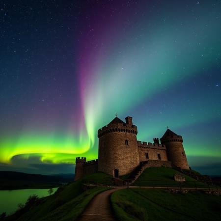 Perseid meteors, northern lights and rare glowing arc shine over 11th-century castle