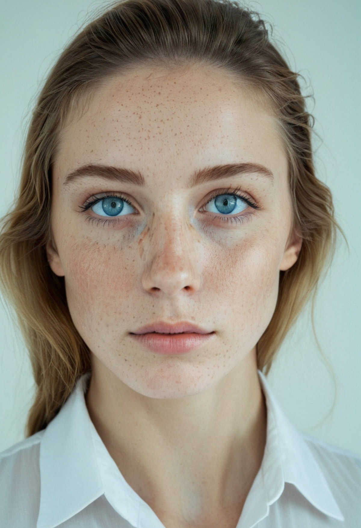 <lora:174F792232:1> Woman in a white shirt with subtle freckles natural sunlight enhancing her clear blue eyes skin looks ...