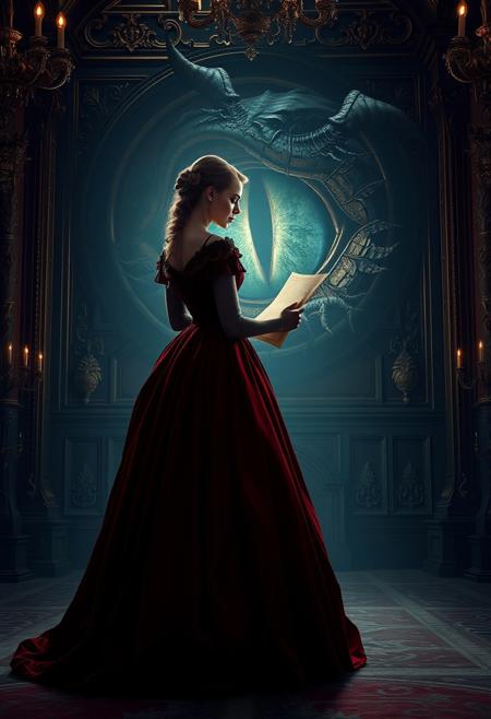 The image is a digital artwork in a fantastical, surreal style, featuring a woman standing in a grand, ornate, dimly lit palace room. She is dressed in an elaborate, 19th-century style gown with a high waist and a flowing, voluminous skirt that drapes elegantly across the floor. The gown is a deep, dark red color. In one hand, she holds a dusty parchment paper, while before her, a massive, dragon eye slowly opens